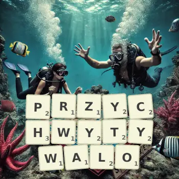 Kreatywna ilustracja do gry w Scrabble ze słowem PRZYCHWYTYWALO ułożonym z płytek na planszy.