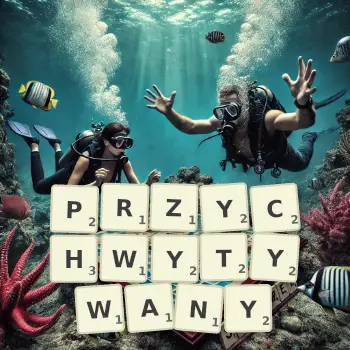 Kreatywna ilustracja do gry w Scrabble ze słowem PRZYCHWYTYWANY ułożonym z płytek na planszy.