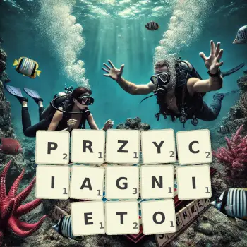 Kreatywna ilustracja do gry w Scrabble ze słowem PRZYCIAGNIETO ułożonym z płytek na planszy.