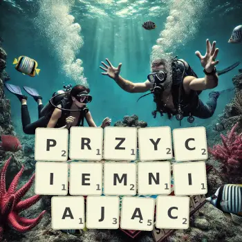 Kreatywna ilustracja do gry w Scrabble ze słowem PRZYCIEMNIAJĄC ułożonym z płytek na planszy.