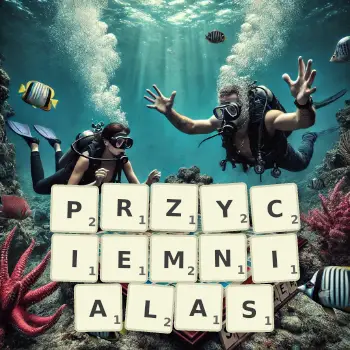 Kreatywna ilustracja do gry w Scrabble ze słowem PRZYCIEMNIALAS ułożonym z płytek na planszy.