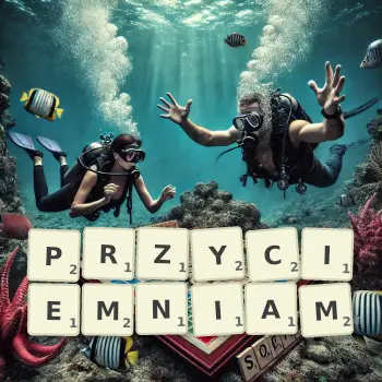 Kreatywna ilustracja do gry w Scrabble ze słowem PRZYCIEMNIAM ułożonym z płytek na planszy.