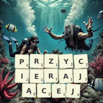 Kreatywna ilustracja do gry w Scrabble ze słowem PRZYCIERAJĄCEJ ułożonym z płytek na planszy.