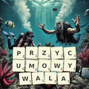 Kreatywna ilustracja do gry w Scrabble ze słowem PRZYCUMOWYWALA ułożonym z płytek na planszy.