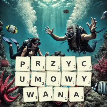 Kreatywna ilustracja do gry w Scrabble ze słowem PRZYCUMOWYWANA ułożonym z płytek na planszy.