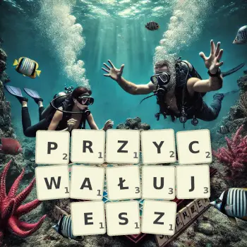 Kreatywna ilustracja do gry w Scrabble ze słowem PRZYCWAŁUJESZ ułożonym z płytek na planszy.