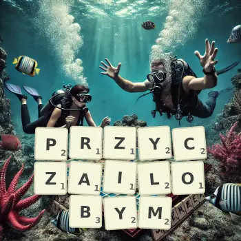 Kreatywna ilustracja do gry w Scrabble ze słowem PRZYCZAILOBYM ułożonym z płytek na planszy.
