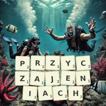 Kreatywna ilustracja do gry w Scrabble ze słowem PRZYCZAJENIACH ułożonym z płytek na planszy.