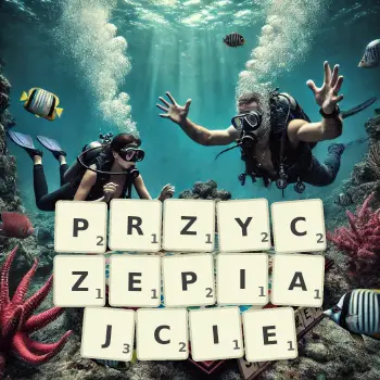 Kreatywna ilustracja do gry w Scrabble ze słowem PRZYCZEPIAJCIE ułożonym z płytek na planszy.