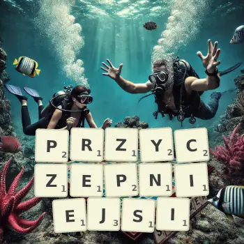 Kreatywna ilustracja do gry w Scrabble ze słowem PRZYCZEPNIEJSI ułożonym z płytek na planszy.