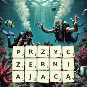 Kreatywna ilustracja do gry w Scrabble ze słowem PRZYCZERNIAJĄCĄ ułożonym z płytek na planszy.