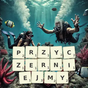 Kreatywna ilustracja do gry w Scrabble ze słowem PRZYCZERNIEJMY ułożonym z płytek na planszy.