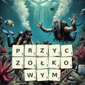 Kreatywna ilustracja do gry w Scrabble ze słowem PRZYCZÓŁKOWYM ułożonym z płytek na planszy.