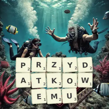 Kreatywna ilustracja do gry w Scrabble ze słowem PRZYDATKOWEMU ułożonym z płytek na planszy.