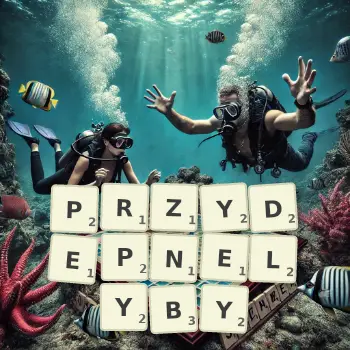 Kreatywna ilustracja do gry w Scrabble ze słowem PRZYDEPNELYBY ułożonym z płytek na planszy.