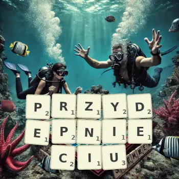 Kreatywna ilustracja do gry w Scrabble ze słowem PRZYDEPNIECIU ułożonym z płytek na planszy.