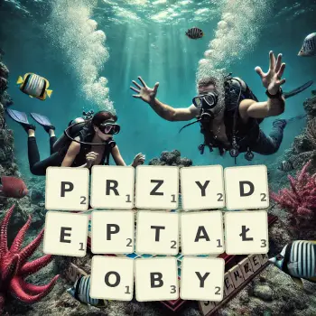 Kreatywna ilustracja do gry w Scrabble ze słowem PRZYDEPTAŁOBY ułożonym z płytek na planszy.