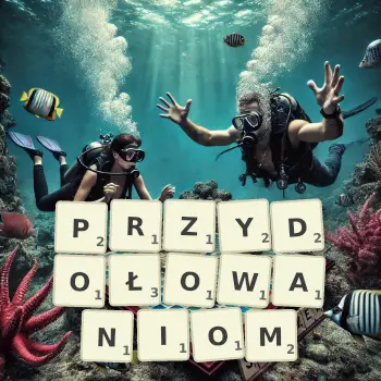 Kreatywna ilustracja do gry w Scrabble ze słowem PRZYDOŁOWANIOM ułożonym z płytek na planszy.