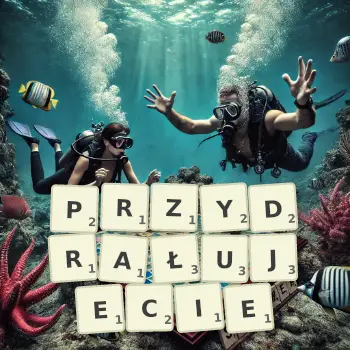 Kreatywna ilustracja do gry w Scrabble ze słowem PRZYDRAŁUJECIE ułożonym z płytek na planszy.