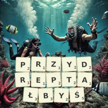 Kreatywna ilustracja do gry w Scrabble ze słowem PRZYDREPTAŁBYŚ ułożonym z płytek na planszy.