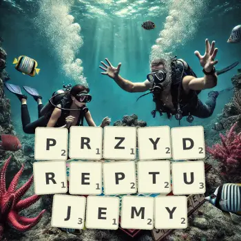 Kreatywna ilustracja do gry w Scrabble ze słowem PRZYDREPTUJEMY ułożonym z płytek na planszy.