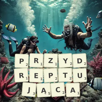 Kreatywna ilustracja do gry w Scrabble ze słowem PRZYDREPTUJĄCA ułożonym z płytek na planszy.