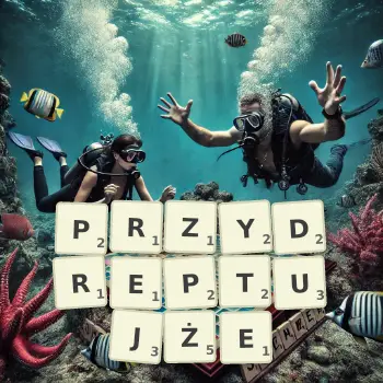 Kreatywna ilustracja do gry w Scrabble ze słowem PRZYDREPTUJŻE ułożonym z płytek na planszy.