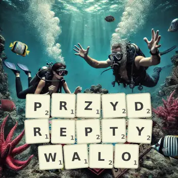 Kreatywna ilustracja do gry w Scrabble ze słowem PRZYDREPTYWALO ułożonym z płytek na planszy.