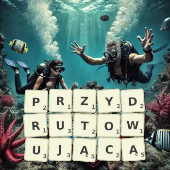 Kreatywna ilustracja do gry w Scrabble ze słowem PRZYDRUTOWUJĄCĄ ułożonym z płytek na planszy.