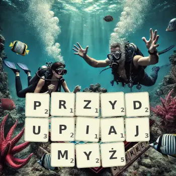 Kreatywna ilustracja do gry w Scrabble ze słowem PRZYDUPIAJMYŻ ułożonym z płytek na planszy.