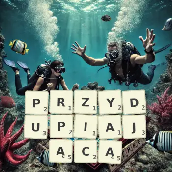 Kreatywna ilustracja do gry w Scrabble ze słowem PRZYDUPIAJĄCĄ ułożonym z płytek na planszy.