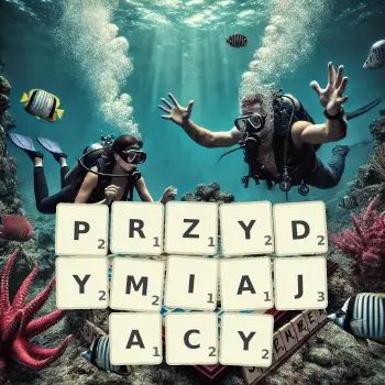 Kreatywna ilustracja do gry w Scrabble ze słowem PRZYDYMIAJACY ułożonym z płytek na planszy.