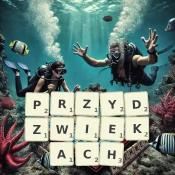 Kreatywna ilustracja do gry w Scrabble ze słowem PRZYDZWIEKACH ułożonym z płytek na planszy.