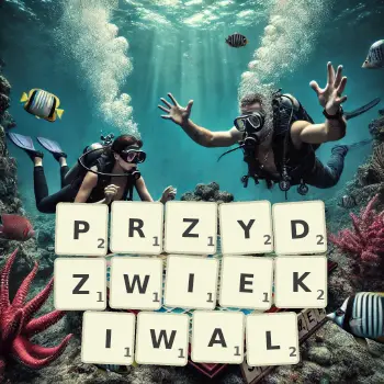Kreatywna ilustracja do gry w Scrabble ze słowem PRZYDZWIEKIWAL ułożonym z płytek na planszy.