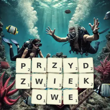 Kreatywna ilustracja do gry w Scrabble ze słowem PRZYDZWIEKOWE ułożonym z płytek na planszy.