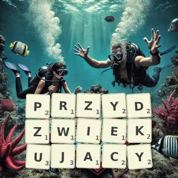 Kreatywna ilustracja do gry w Scrabble ze słowem PRZYDZWIEKUJACY ułożonym z płytek na planszy.