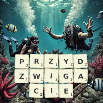 Kreatywna ilustracja do gry w Scrabble ze słowem PRZYDZWIGACIE ułożonym z płytek na planszy.