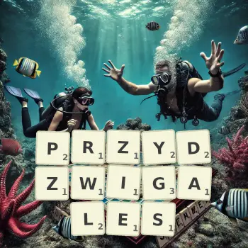 Kreatywna ilustracja do gry w Scrabble ze słowem PRZYDZWIGALES ułożonym z płytek na planszy.