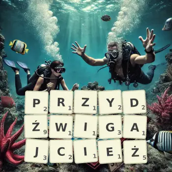 Kreatywna ilustracja do gry w Scrabble ze słowem PRZYDŹWIGAJCIEŻ ułożonym z płytek na planszy.