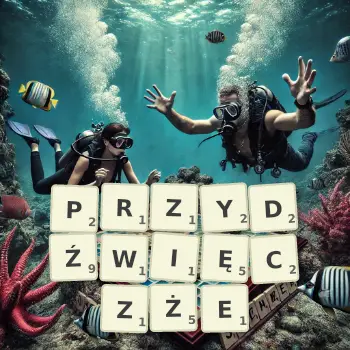 Kreatywna ilustracja do gry w Scrabble ze słowem PRZYDŹWIĘCZŻE ułożonym z płytek na planszy.