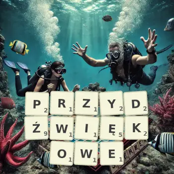 Kreatywna ilustracja do gry w Scrabble ze słowem PRZYDŹWIĘKOWE ułożonym z płytek na planszy.