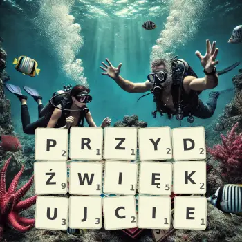 Kreatywna ilustracja do gry w Scrabble ze słowem PRZYDŹWIĘKUJCIE ułożonym z płytek na planszy.
