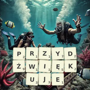 Kreatywna ilustracja do gry w Scrabble ze słowem PRZYDŹWIĘKUJE ułożonym z płytek na planszy.
