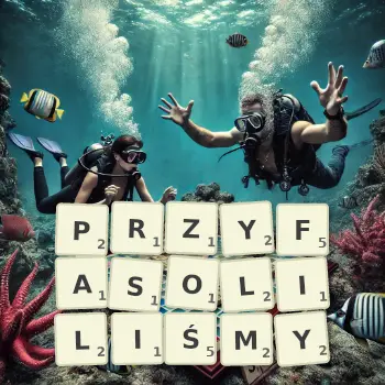 Kreatywna ilustracja do gry w Scrabble ze słowem PRZYFASOLILIŚMY ułożonym z płytek na planszy.
