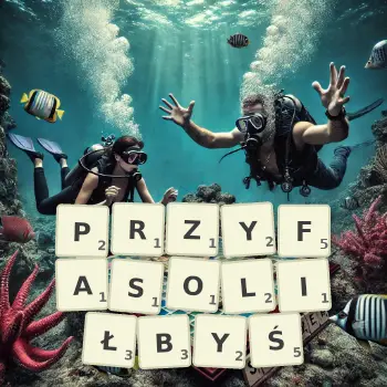 Kreatywna ilustracja do gry w Scrabble ze słowem PRZYFASOLIŁBYŚ ułożonym z płytek na planszy.