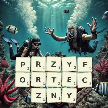 Kreatywna ilustracja do gry w Scrabble ze słowem PRZYFORTECZNY ułożonym z płytek na planszy.