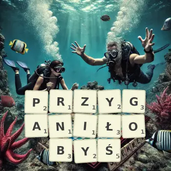 Kreatywna ilustracja do gry w Scrabble ze słowem PRZYGANIŁOBYŚ ułożonym z płytek na planszy.