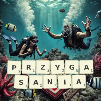 Kreatywna ilustracja do gry w Scrabble ze słowem PRZYGASANIA ułożonym z płytek na planszy.
