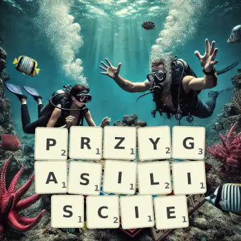 Kreatywna ilustracja do gry w Scrabble ze słowem PRZYGASILISCIE ułożonym z płytek na planszy.