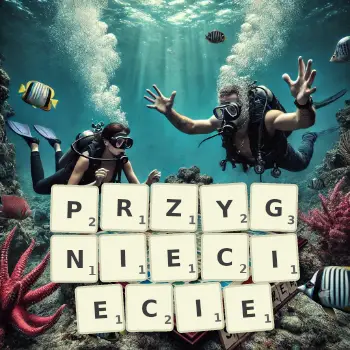 Kreatywna ilustracja do gry w Scrabble ze słowem PRZYGNIECIECIE ułożonym z płytek na planszy.